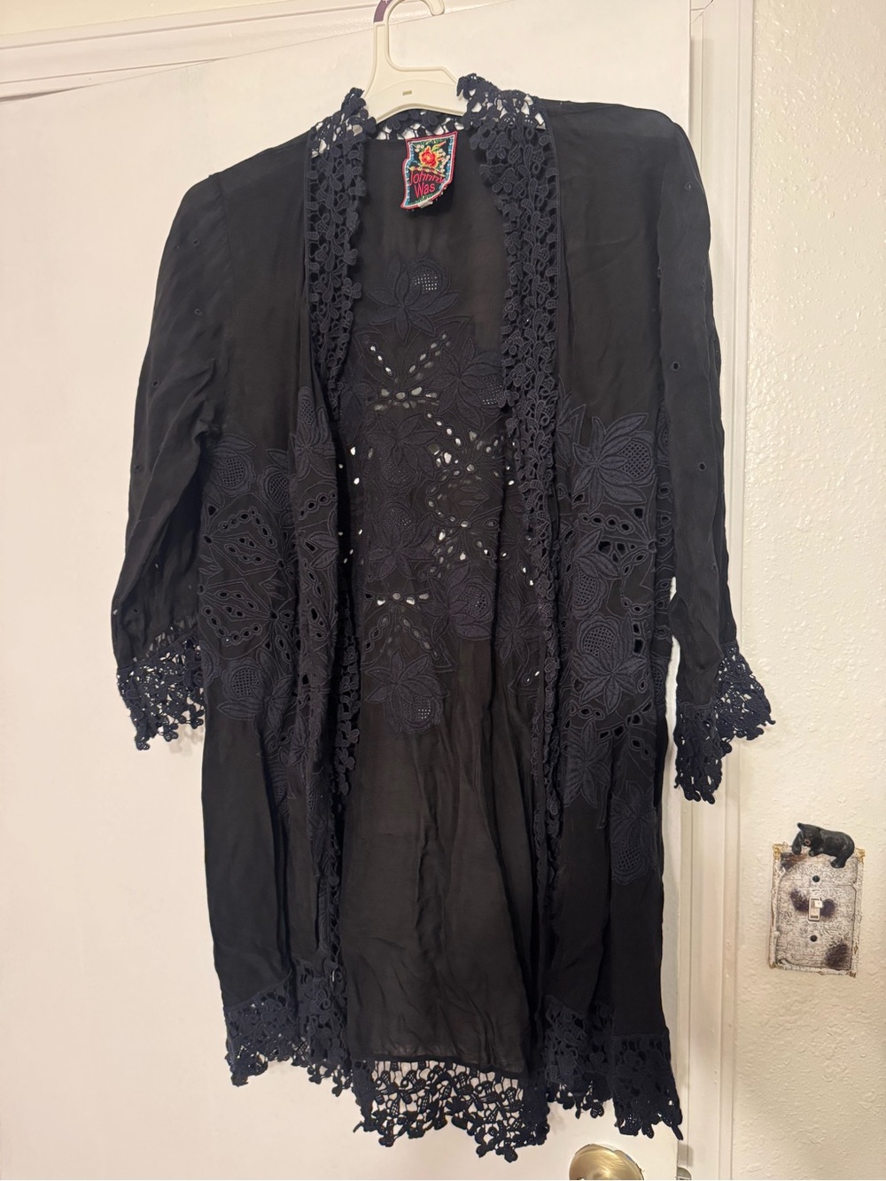 Johnny Was Black Embroidered Crochet-Trim Cardigan